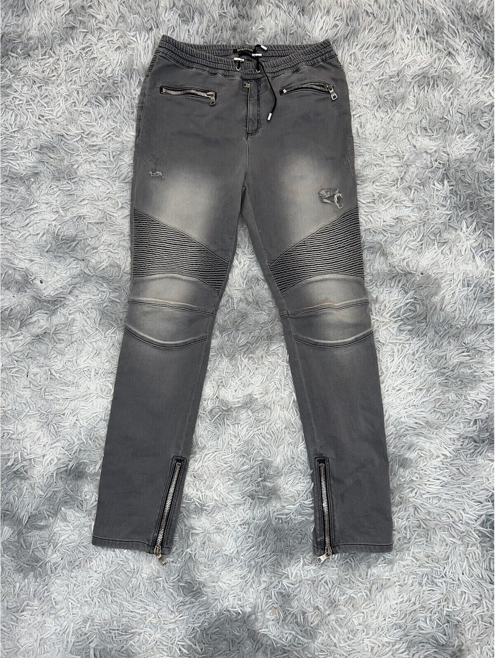 Balmain Men's Black Distressed Moto Jeans with Zipper Detail